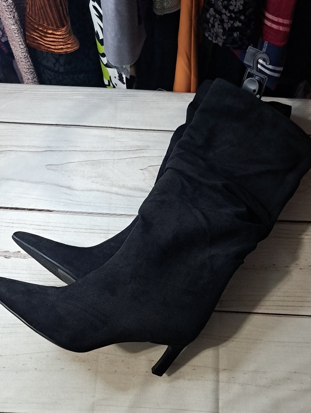 Time and Tru Black Pointed Toe Slouch Boot Kitten Heel Size 12 Wide